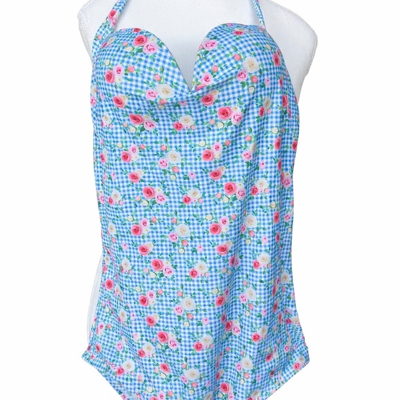 Belsira Other - NWT Belsira Floral Gingham Pin-Up Halter One Piece Bathing Suit